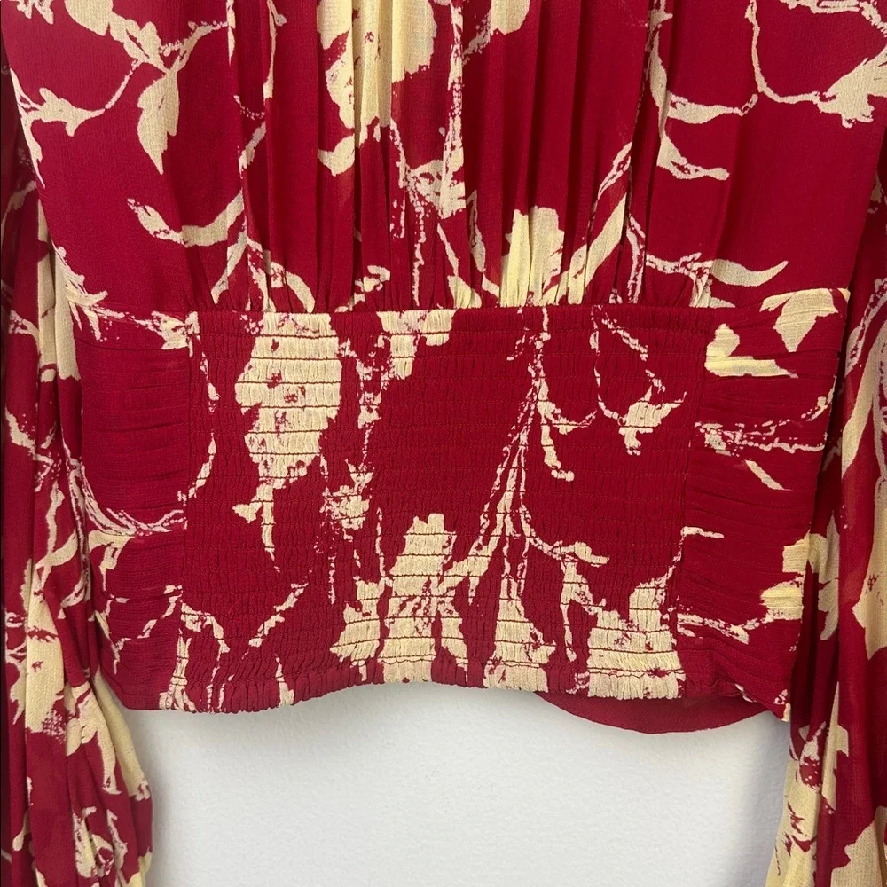 Free People Red Floral New Final Rose Cropped Shirred Blouse SM Long Sleeve Top